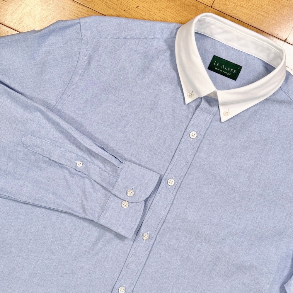 New LE ALFRE Mens Large Blue Oxford Button Down Shirt Long Sleeve Banker Collar